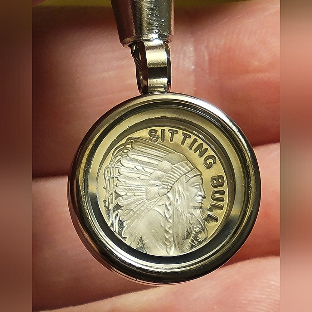 Sitting Bull .999 Fine Silver Reversible Pendant / Necklace Enhancer Amulet
